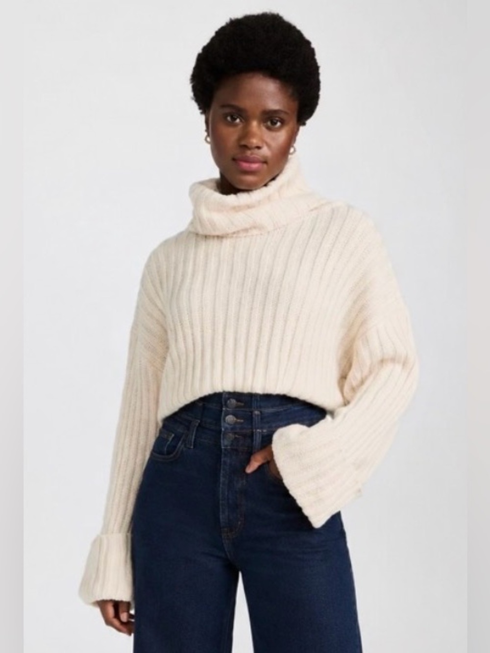 En Saison Wool Blend Renee Turtleneck Ribbed Cream Cropped Sweater Size S Casual